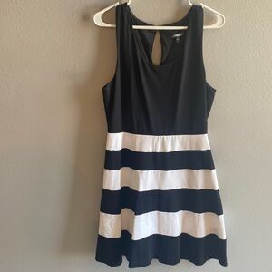 Black and white sleeveless dress with a-line skirt.  Fun summer dress.